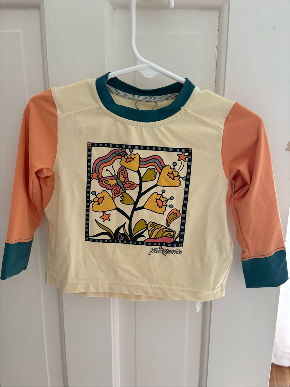 Patagonia Cream Long-Sleeve Top with Peach Sleeves and Teal Trim